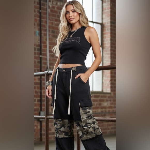 NWT POL Camo Camouflage Cargo Wide Leg Drawstring Casual Pants Black - Picture 4 of 7